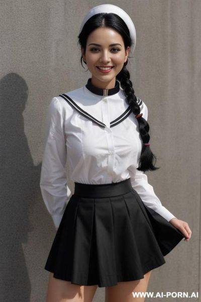 (black sailor collar, black skirt: 1.2), black hair, double braids, ((masterpiece, best quality, ultra-detailed, k)), a woman, solo, , standing, full body, smile, looking at viewer, - ai-porn.ai on pornintellect.com