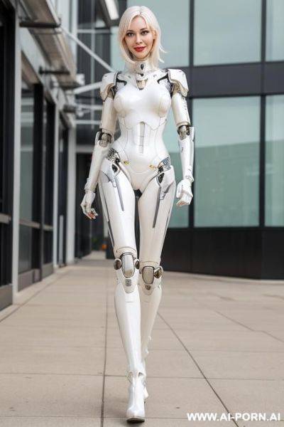 Realistic beautiful cyborg robot woman completely made of white latex skin long legs with boots. - ai-porn.ai on pornintellect.com