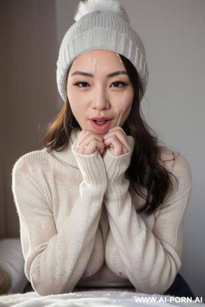 (((facial cumshot))), stare intly, turtleneck gray sweater, white knitted hat, snow is falling, full shot view, front view - ai-porn.ai on pornintellect.com