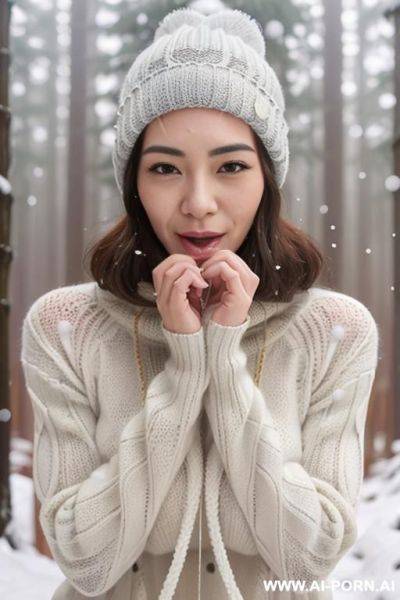 (((facial cumshot))), straight face, turtleneck gray sweater, white knitted hat, forest, snow is falling, full shot view, front view - ai-porn.ai on pornintellect.com