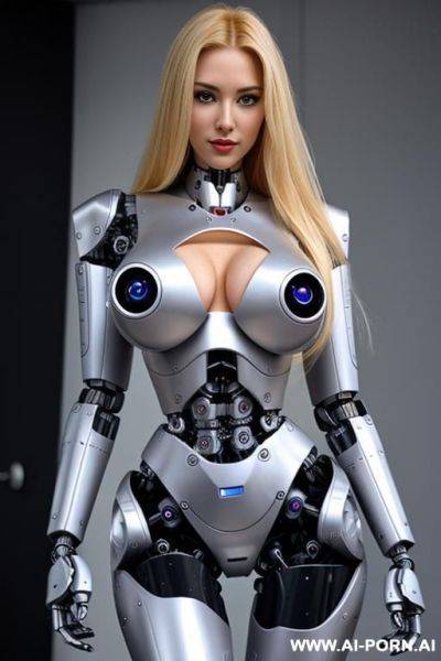 Sexbot, full body view, long blonde hair, pretty face, (fully robotic body, fit body, shapely body, huge firm robotic tits:1.1) - ai-porn.ai on pornintellect.com