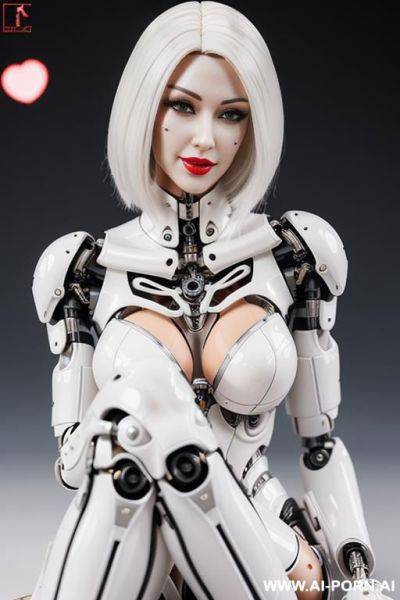 Realistic beautiful cyborg robot woman doll completely made of white latex skin long legs with boots. - ai-porn.ai on pornintellect.com