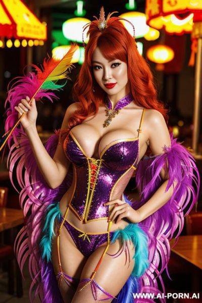 Chinese, rainbow feather studed bright diamond transparent corset，feather tutu skirt， mesh robe， rainbow sequin bra ,necklace，rainbow large pointed thigh-high boots - ai-porn.ai - China on pornintellect.com
