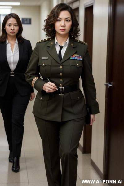 Reporting to work, wearing a military uniform, notebook in hand, pen in hand - ai-porn.ai on pornintellect.com