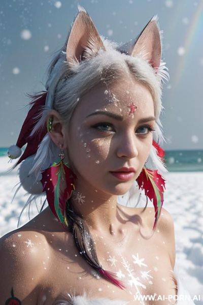 Face, sexy, beautiful, ((face painting)), ((bikini as seashell)), ((tattoo roses)), ((eyes shw)), ((angel wings)), ((rainbow hair)), ((long bu hair)), ((wind)), (( cat face)), (( cat ears)), (((feather - ai-porn.ai on pornintellect.com