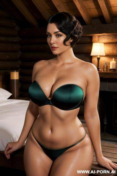 Shiny dark green strapless bra, shiny dark green high-leg thong panties, round firm ass, bubble butt, curvy hips, ((hourglass figure)), round firm boobs, ((sexy pose)), trim waist, fit body, looking at viewer - ai-porn.ai on pornintellect.com