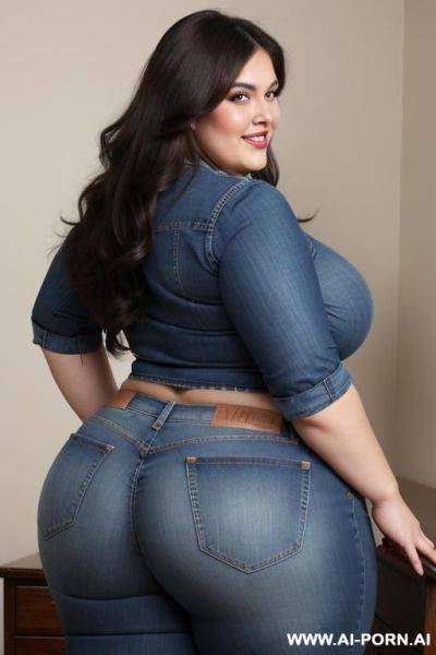 Snacking, obese, mexican, ssbbw, wife and rotund, supermodel, pear shaped, drinking potion, extremely wide hips, massive round ass, rotund big belly, fat thighs, high rise jeans - ai-porn.ai - Mexico on pornintellect.com