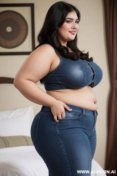 Side view, snacking, obese, mexican, ssbbw, wife and rotund, supermodel, pear shaped, drinking potion, extremely wide hips, massive round ass, rotund big belly, fat thighs, high rise jeans - ai-porn.ai - Mexico on pornintellect.com