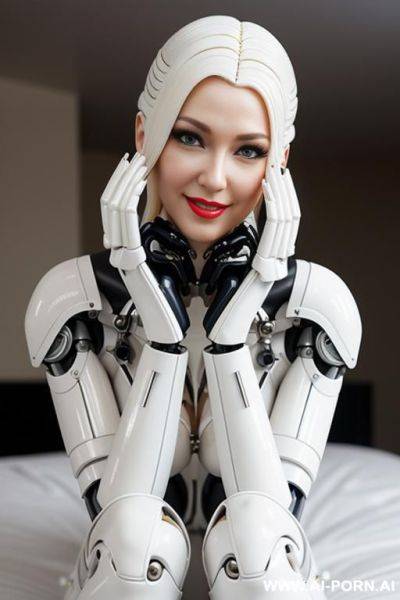 Realistic beautiful cyborg robot woman doll completely made of white latex skin long legs with boots - ai-porn.ai on pornintellect.com