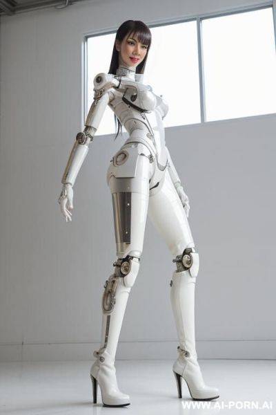 Realistic beautiful cyborg robot woman completely made of white latex skin long legs with boots. - ai-porn.ai on pornintellect.com