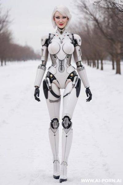 Realistic beautiful cyborg robot woman doll completely made of white latex skin long legs with boots. - ai-porn.ai on pornintellect.com