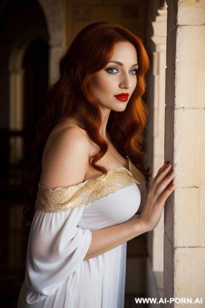 Red lipstick, very long hair, white gorgeous cacked woman , round soft face , sexy pretty body, wearing off white off-shoulder seethough net nightgown - ai-porn.ai on pornintellect.com