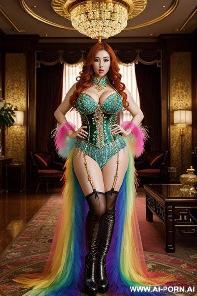 Chinese, rainbow feather studed bright diamond transparent corset，feather tutu skirt， mesh robe， rainbow sequin bra ,necklace，rainbow large pointed thigh-high boots - ai-porn.ai - China on pornintellect.com