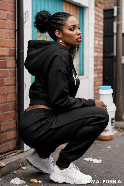 Black woman squatting in trash alley pants hoodie side-view - ai-porn.ai on pornintellect.com