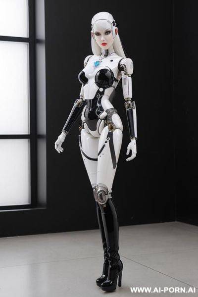 Realistic beautiful cyborg robot woman doll completely made of white and black latex skin long legs with boots - ai-porn.ai on pornintellect.com