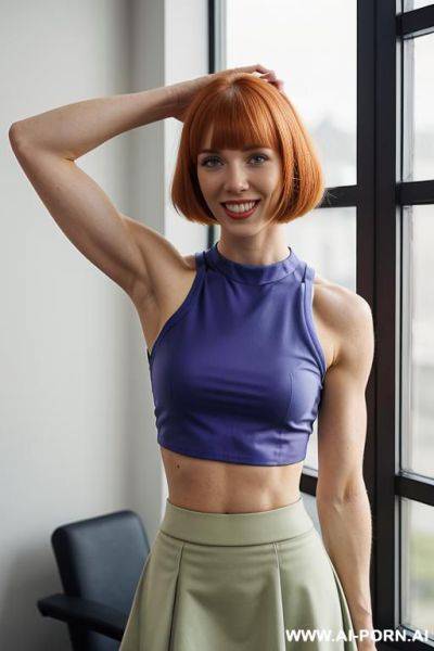 Fitness, (lean arms), (a cup), ((skirt)), ((crop top)), indoors, standing, detail, looking at viewer - ai-porn.ai on pornintellect.com