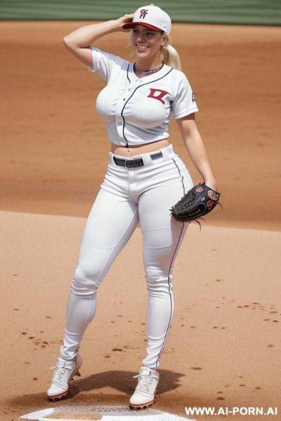 (realistic baseball jersey), ((skintight baseball pants)), (baseball hat), realistic baseball uniform, (jersey is tucked in), (massive boobs), (full length jersey) - ai-porn.ai on pornintellect.com