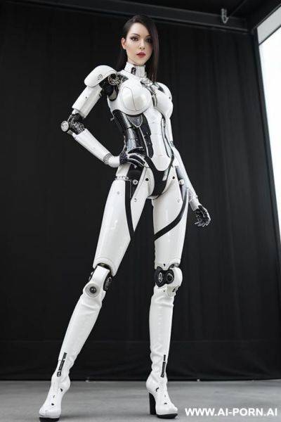 Realistic beautiful cyborg robot woman completely made of white and black latex skin long legs with boots - ai-porn.ai on pornintellect.com