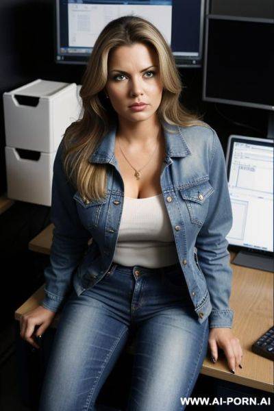 Busty, brunette computer engineer with blonde highlights, wearing blue jeans and a jacket, sitting on the desk in her cubicle, holding her hands above her head, looking angry. - ai-porn.ai on pornintellect.com