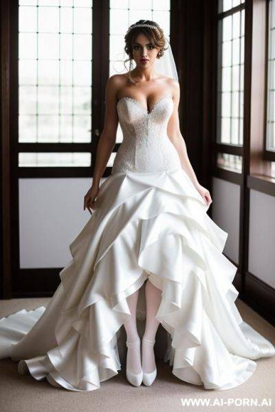 Bride in sexy wedding dress with juge cluavage white stockings and high heels with upset face looking to the camera - ai-porn.ai on pornintellect.com