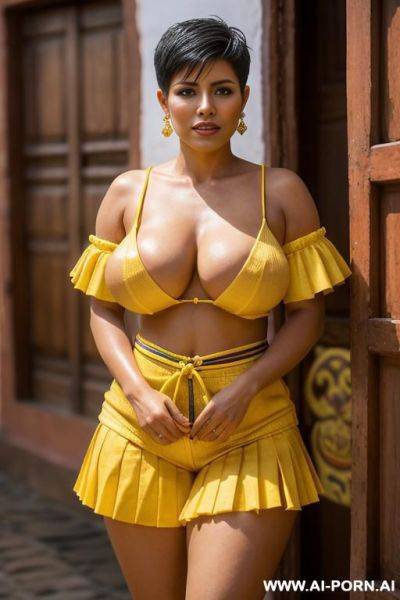 Tall busty , short pixie hair with shaved sides, gorgeous face, thick lips, massive boobs, , seductive, full body picture, standing up, - ai-porn.ai on pornintellect.com