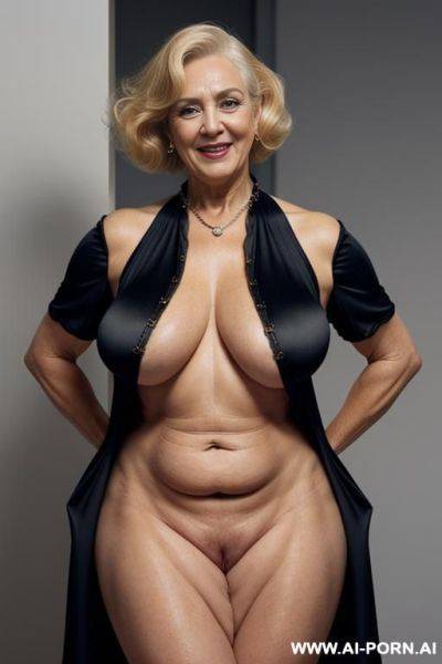 All in view, full body view, large saggy breasts, naked, licking, spread legs, naked, no panties, enjoying promiscuity, showing ass hole, a fat old gilf woman, topless, old mature, keep same - ai-porn.ai on pornintellect.com