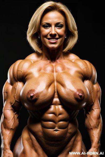 Hyper muscular, female bodybuilder, short, naked, standing, breasts, stocky, gigantic muscles, happy - ai-porn.ai on pornintellect.com