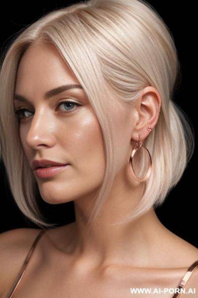 Scandinavian hair line, rose gold hoop ear rings, platinum blonde highlights, dyman air wrap - ai-porn.ai on pornintellect.com