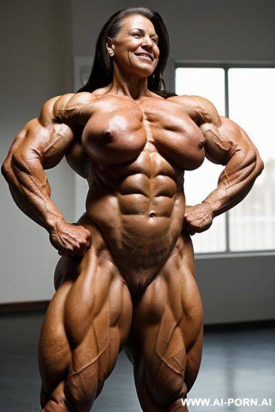 Enormous, gigantic, muscular female bodybuilder, short, mature, naked, nude, flexing, happy, elderly, muscular shoulders, huge biceps - ai-porn.ai on pornintellect.com