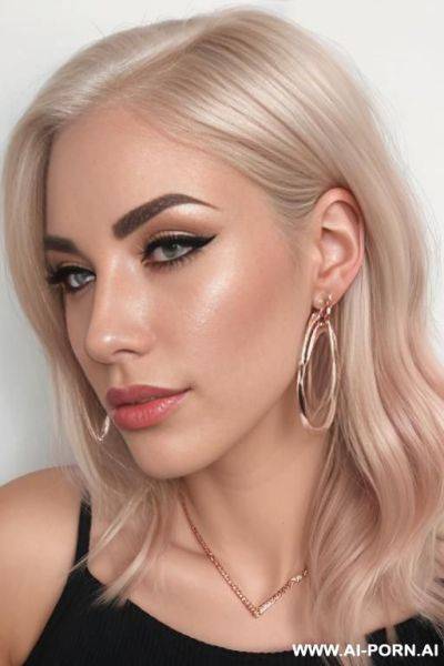 Scandinavian hair line, platinum blonde highlights, rose gold hoop ear rings - ai-porn.ai on pornintellect.com