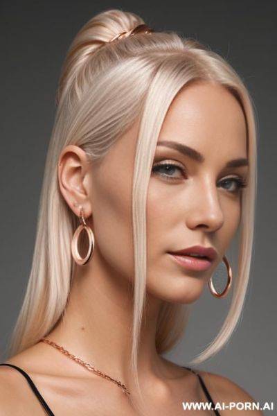 Scandinavian hair line, rose gold hoop ear rings, platinum blonde highlights, dyman air wrap, s - ai-porn.ai on pornintellect.com