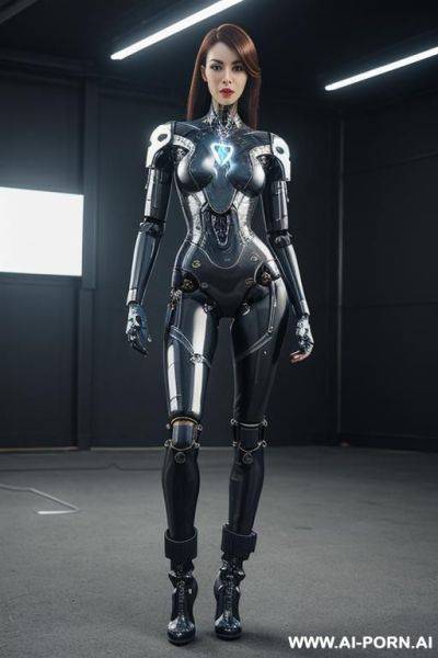 Realistic beautiful cyborg robot woman completely made of latex skin long legs with boots - ai-porn.ai on pornintellect.com
