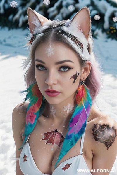 Face, sexy, beautiful, ((face painting)), ((bikini as seashell)), ((tattoo roses)), ((eyes shw)), ((angel wings)), ((rainbow hair)), ((long bu hair)), ((wind)), (( cat face)), (( cat ears)), (((feather - ai-porn.ai on pornintellect.com