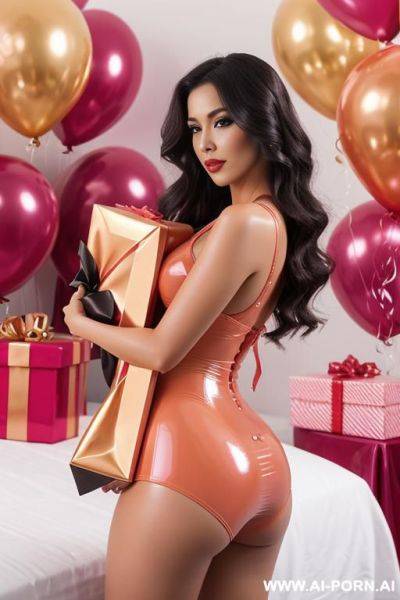 Birthday party, gifts, presents, peach latex, large latex bedroom, giftbox, side view, big gift hugging, - ai-porn.ai on pornintellect.com