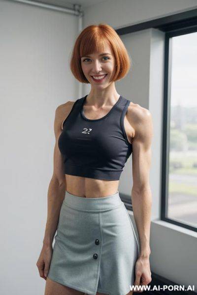 Fitness, (lean arms), (arm veins), (forearm veins), no boobs, ((skirt)), ((crop top)), indoors, standing upright with arms by sides, detail, looking at viewer - ai-porn.ai on pornintellect.com