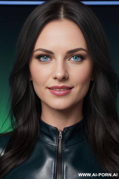 Narrow face, realistic weather presenter, in a dark green leather dress, in studio in front of weather map green screen, long straight hair, show pussy, glowing blue eyes, blue eye makeup, - ai-porn.ai on pornintellect.com