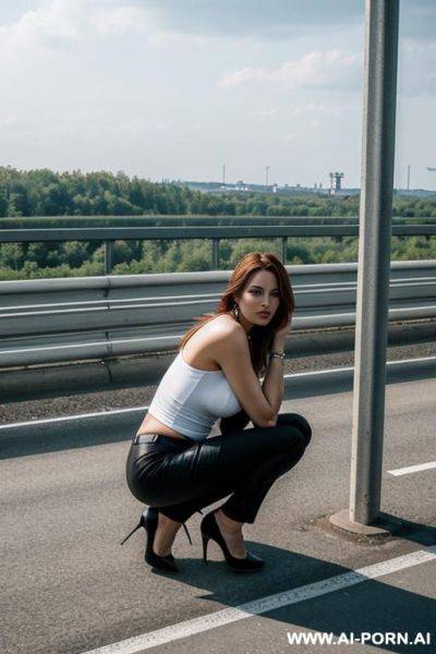 German woman normal clothes squatting on highway-shoulder behind guardrail - ai-porn.ai - Germany on pornintellect.com