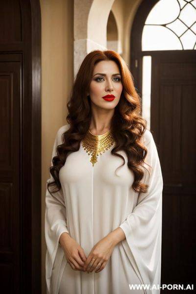 Eye contact, red lipstick, very long hair, white gorgeous cacked woman , round soft face , sexy pretty body, wearing black seethough arabic kaftan - ai-porn.ai on pornintellect.com
