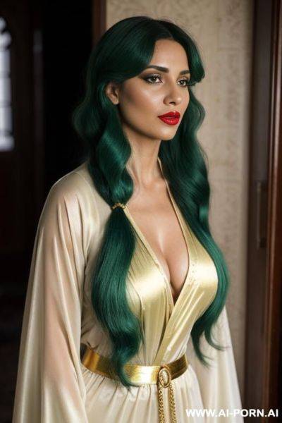 Eye contact, red lipstick, very long hair, white gorgeous cacked woman , round soft face , sexy pretty body, wearing dark-green sheer arabic kaftan - ai-porn.ai on pornintellect.com