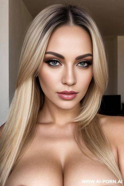 Woman very with square shaped face, very square jaw, blonde hair, gigantic boobs, dark brown eyes, - ai-porn.ai on pornintellect.com