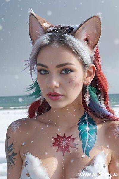 Face, sexy, beautiful, ((face painting)), ((bikini as seashell)), ((tattoo roses)), ((eyes shw)), ((angel wings)), ((rainbow hair)), ((long bu hair)), ((wind)), (( cat face)), (( cat ears)), (((feather - ai-porn.ai on pornintellect.com