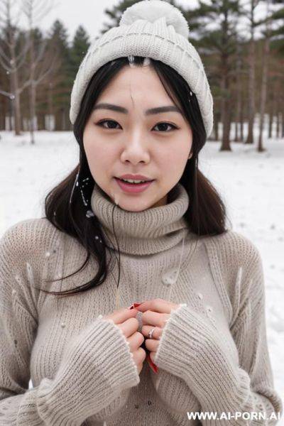 (((covered in a lot of cum))) cum dripping off of face, straight face, white knitted hat, turtleneck gray sweater, hands on chin, forest, snow is falling, full shot view, front view - ai-porn.ai on pornintellect.com