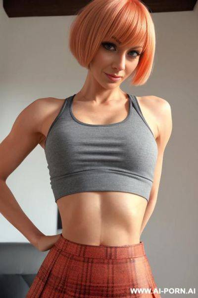 Fit woman, ((skirt)), ((crop top)), looking at viewer, detail - ai-porn.ai on pornintellect.com