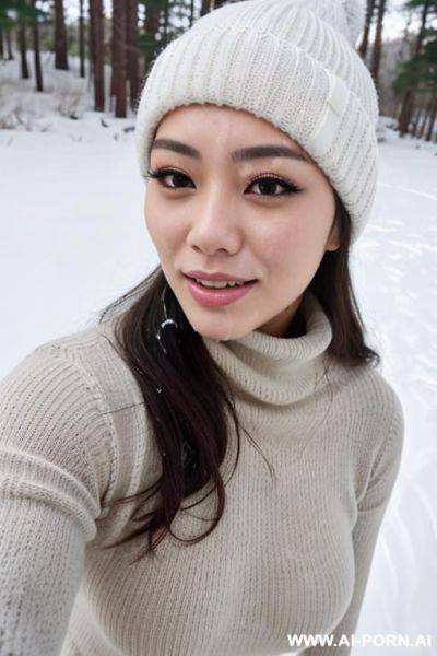 (((covered in a lot of cum))), cum dripping off of face, cool face, white knitted hat, turtleneck gray sweater, hands on chin, forest, snow is falling, full shot view, front view - ai-porn.ai on pornintellect.com