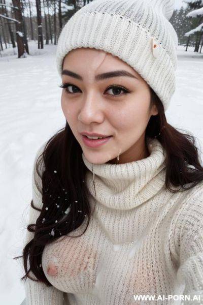 (((covered in a lot of cum))), cum dripping off of face, romantic face, white knitted hat, turtleneck gray sweater, hands on chin, forest, snow is falling, full shot view, front view - ai-porn.ai on pornintellect.com