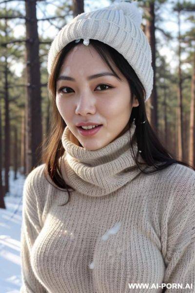 (((covered in a lot of cum))), cum dripping off of face, straight face, white knitted hat, turtleneck gray sweater, hands on chin, forest, snow is falling, full shot view, front view - ai-porn.ai on pornintellect.com