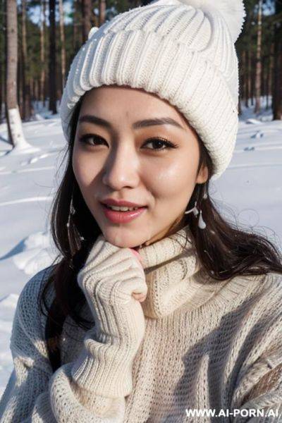 (((covered in a lot of cum))), cum dripping off of face, cold face, white knitted hat, turtleneck gray sweater, hands on chin, forest, snow is falling, full shot view, front view - ai-porn.ai on pornintellect.com