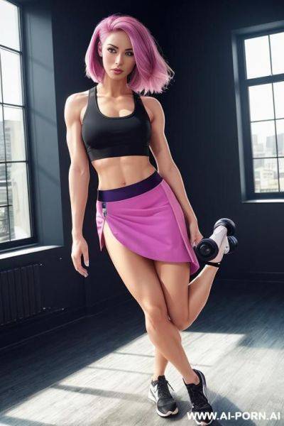 (fitness woman), (abs), ((blue skirt)), ((black crop top)), indoors, looking at viewer, detail - ai-porn.ai on pornintellect.com