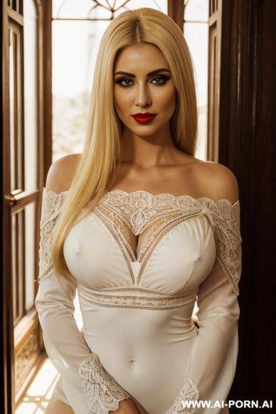 Goth, eye contact, red lipstick, very long hair, white gorgeous cacked woman , round soft face , sexy pretty body, wearing sexy long sleeve lace off shoulder lace ruffle cut out lace micro dress - ai-porn.ai on pornintellect.com