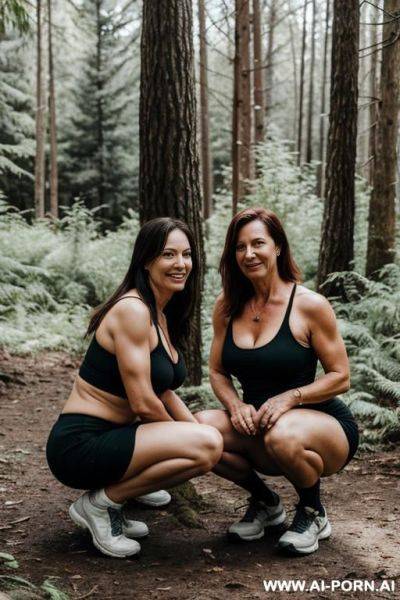 Mature woman next to friend squatting in forest - ai-porn.ai on pornintellect.com